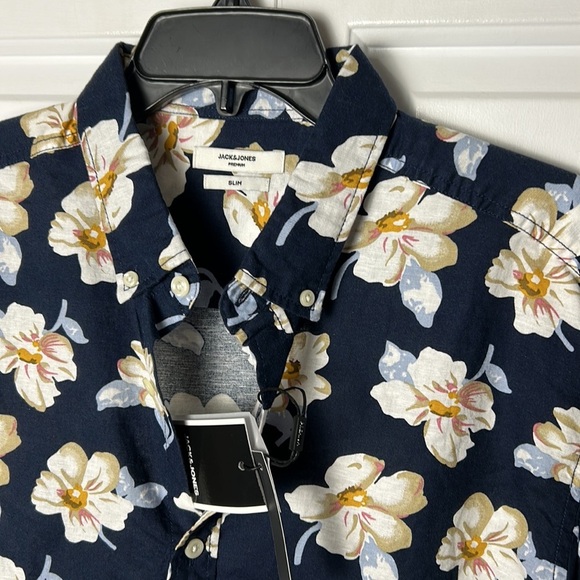 Jack & Jones XL blue yellow floral cotton linen blend men dress shirt NWT! - Picture 3 of 16